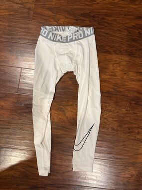 Nike White Kids' Pro Compression Leggings with Gray Waistband